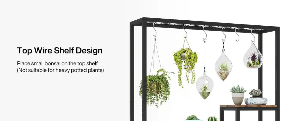 Rustic black metal and wood 5-tier tall plant stand living room decor