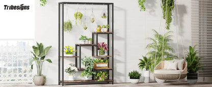 Rustic black metal and wood 5-tier tall plant stand living room decor