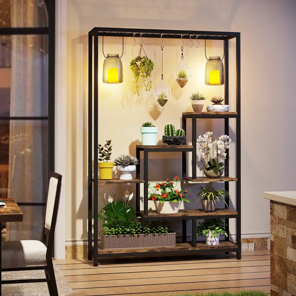 Rustic black metal and wood 5-tier tall plant stand living room decor
