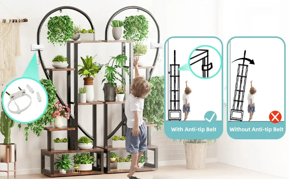 6 tier heart metal plant stand black & wood living room shelves
