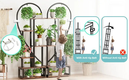 6 tier heart metal plant stand black & wood living room shelves