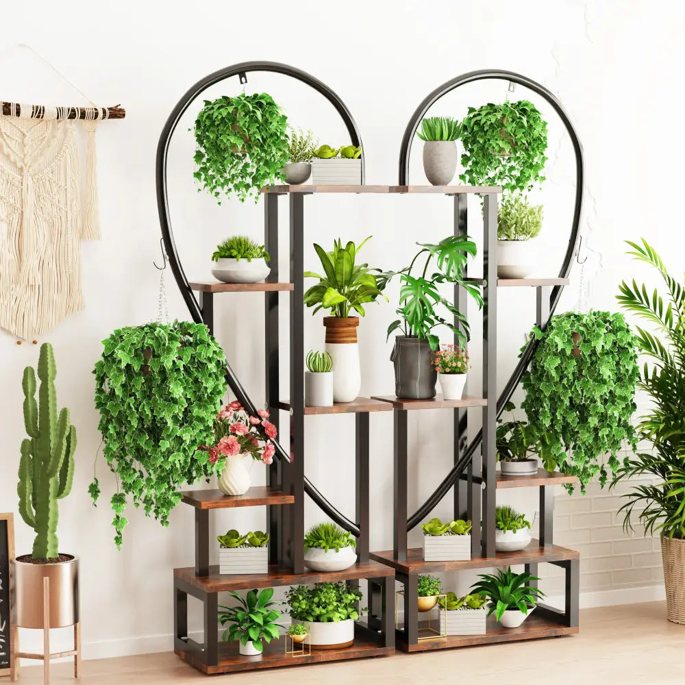 6 tier heart metal plant stand black & wood living room shelves