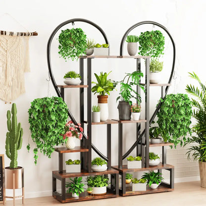 6 tier heart metal plant stand black & wood living room shelves