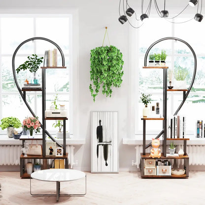 6 tier heart metal plant stand black & wood living room shelves