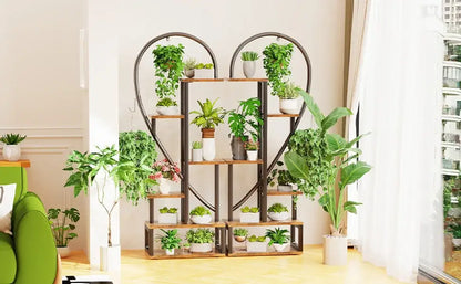 6 tier heart metal plant stand black & wood living room shelves