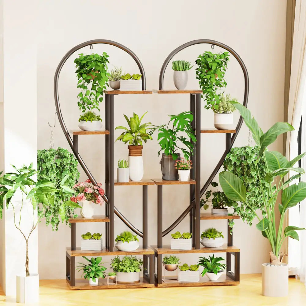 6 tier heart metal plant stand black & wood living room shelves