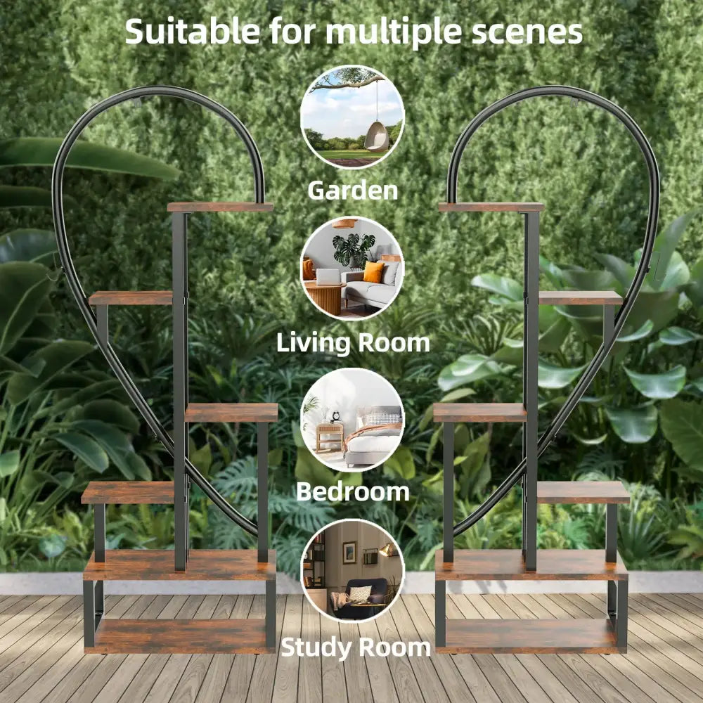 6 tier heart metal plant stand black & wood living room shelves