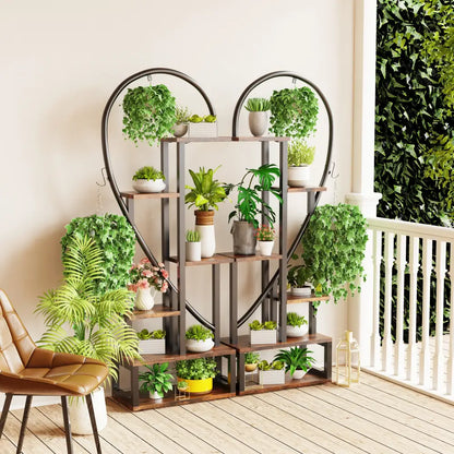 6 tier heart metal plant stand black & wood living room shelves