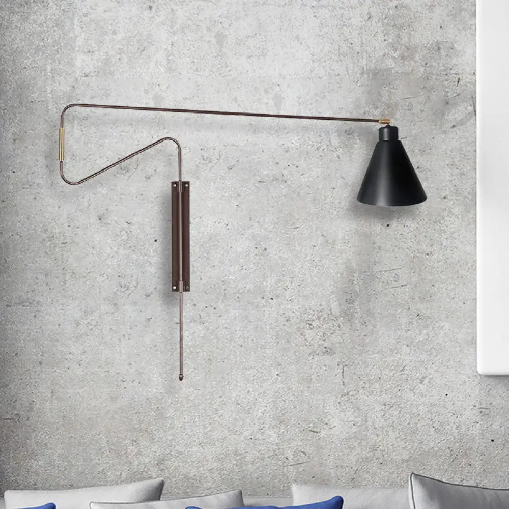 DecorBites™ Metal Wall Lamp with Long Curved Arm & Rotatable Cone Shade - Antique Coffee/Black/Gold Finish - Ideal for Living Room