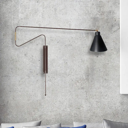 DecorBites™ Metal Wall Lamp with Long Curved Arm & Rotatable Cone Shade - Antique Coffee/Black/Gold Finish - Ideal for Living Room