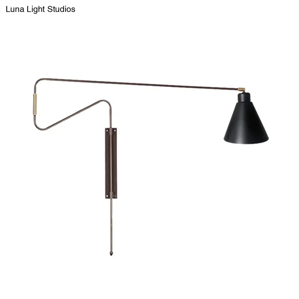 DecorBites™ Metal Wall Lamp with Long Curved Arm & Rotatable Cone Shade - Antique Coffee/Black/Gold Finish - Ideal for Living Room