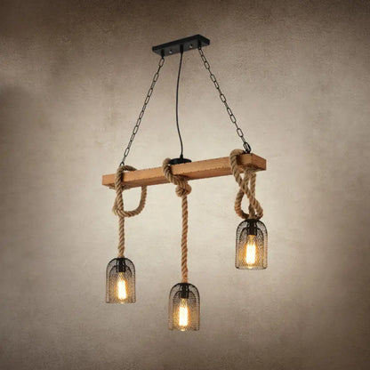 DecorBites™ Metallic Dome Hanging Lamp: Antique Island Chandelier with Hemp Rope & Wood Accents