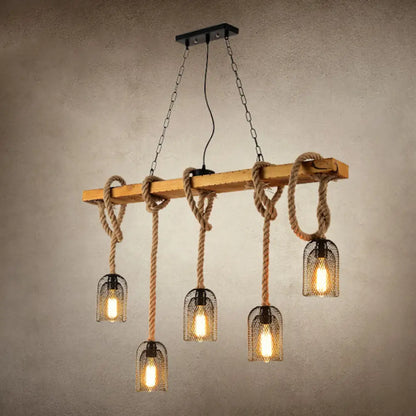 DecorBites™ Metallic Dome Hanging Lamp: Antique Island Chandelier with Hemp Rope & Wood Accents