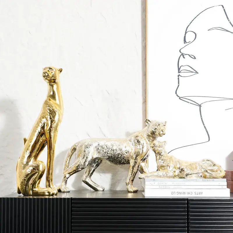 Metallic gold & silver leopard resin sculpture living room decor