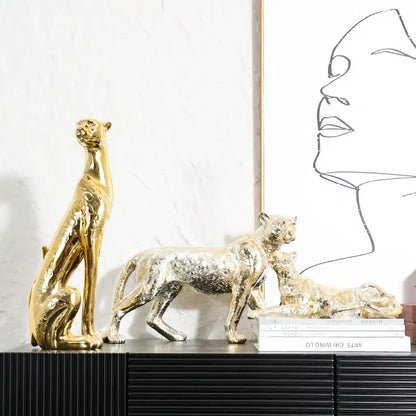Metallic gold & silver leopard resin sculpture living room decor