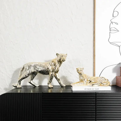 Metallic gold & silver leopard resin sculpture living room decor