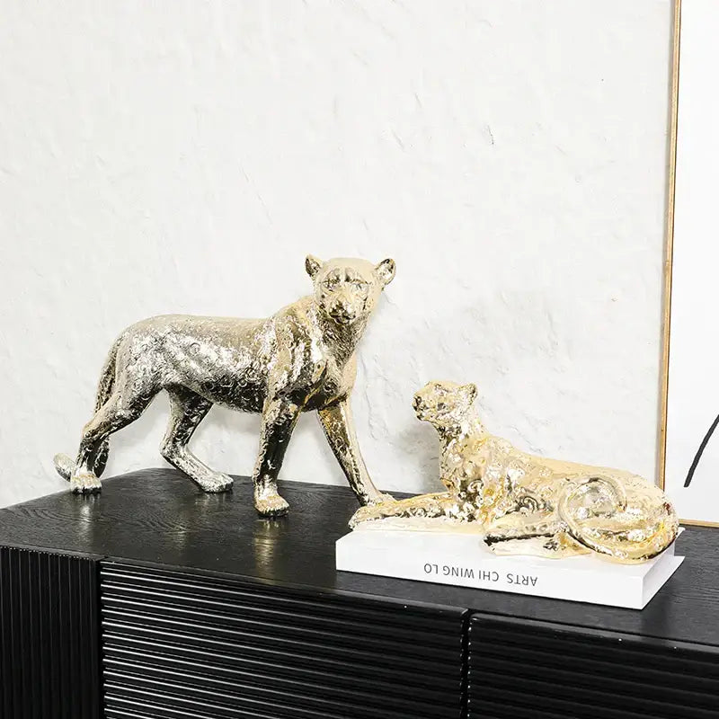 Metallic gold & silver leopard resin sculpture living room decor
