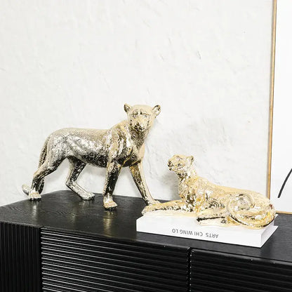 Metallic gold & silver leopard resin sculpture living room decor