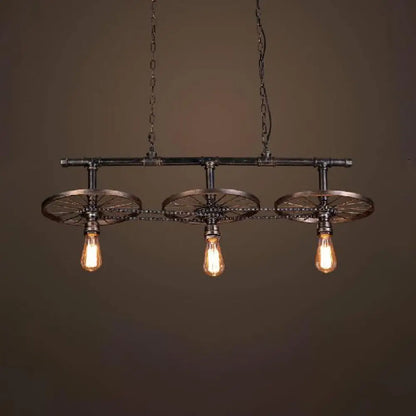 DecorBites™ Metallic Island Pendant Light with Industrial Bare Bulb Design - 3 Lights & Wheel Decor in Bronze