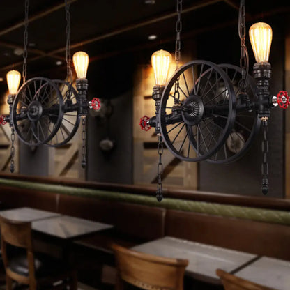 DecorBites™ Metallic Pendant Light: Antique 3-Head Wagon Wheel Design for Restaurants and Hanging Islands, with Decorative Valve