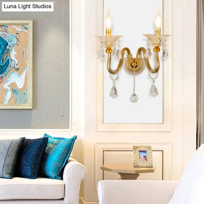 DecorBites™ Mid-Century 1/2 Lights Wall Sconce with Brass Candle Design and Crystal Shade