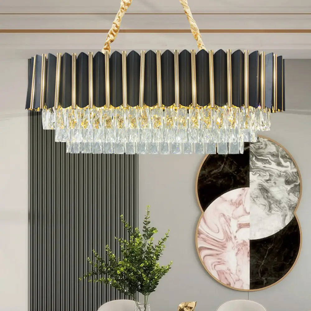 DecorBites™ Mid Century 4-Tier Black and Gold Crystal Island Pendant - 8-Light Oval Restaurant Hanging Light Fixture