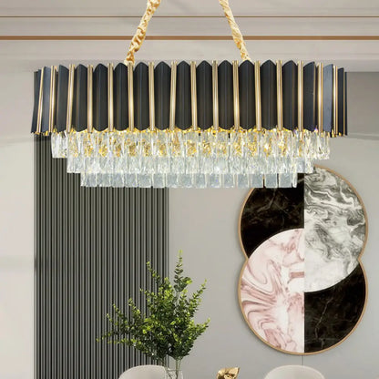 DecorBites™ Mid Century 4-Tier Black and Gold Crystal Island Pendant - 8-Light Oval Restaurant Hanging Light Fixture