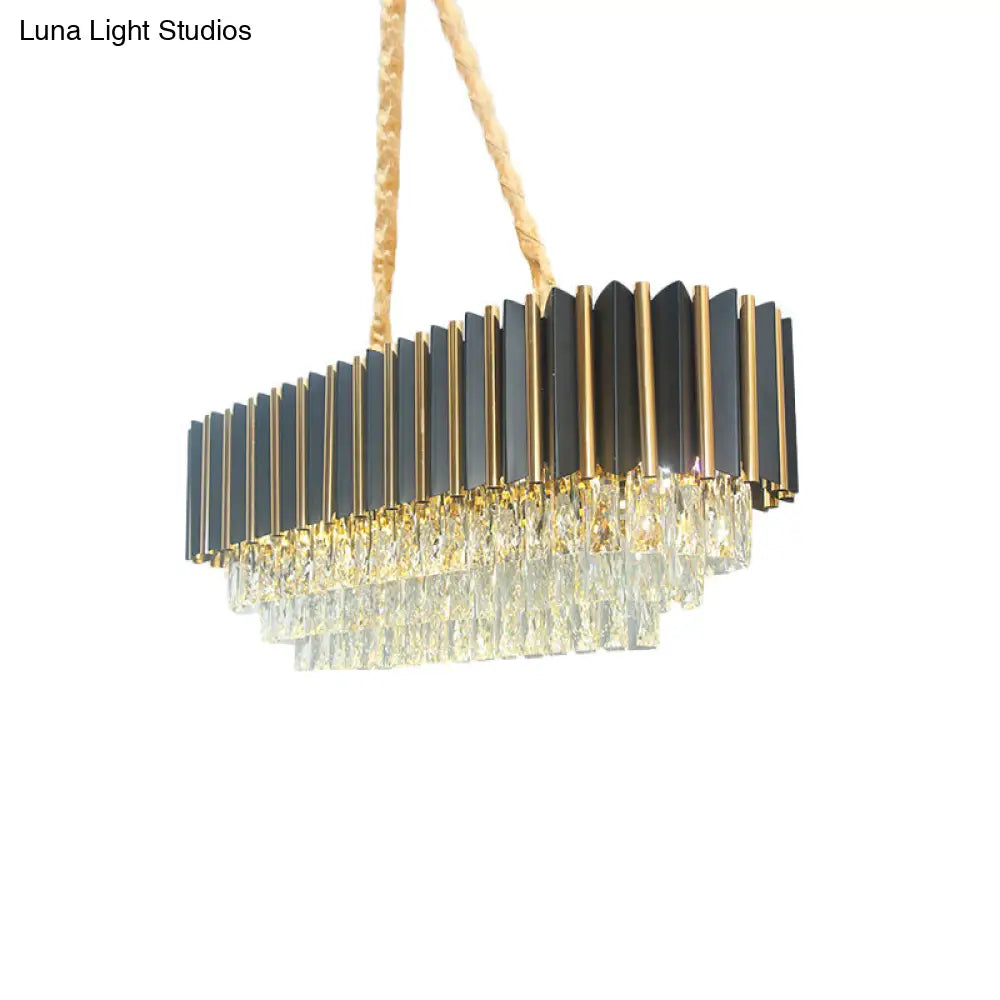 DecorBites™ Mid Century 4-Tier Black and Gold Crystal Island Pendant - 8-Light Oval Restaurant Hanging Light Fixture