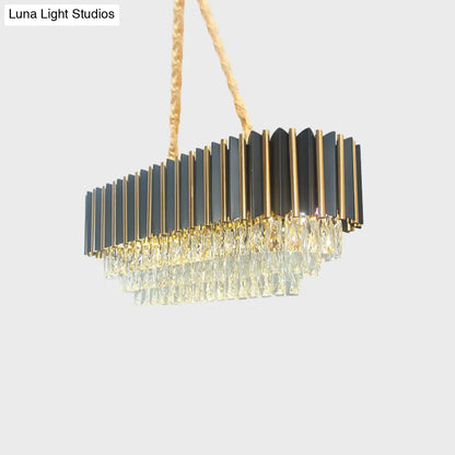 DecorBites™ Mid Century 4-Tier Black and Gold Crystal Island Pendant - 8-Light Oval Restaurant Hanging Light Fixture
