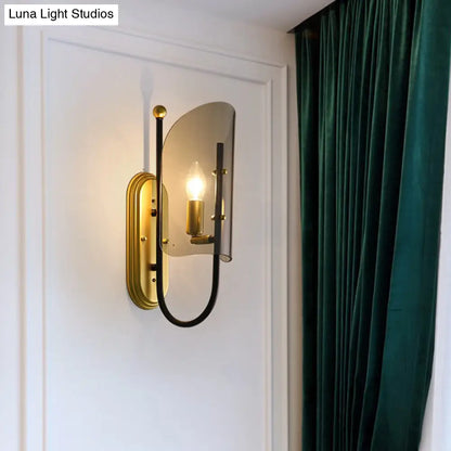 DecorBites™ Mid Century Black-Brass 1-Light Hall Wall Sconce Lamp with Smoke Grey Curving Glass Shade