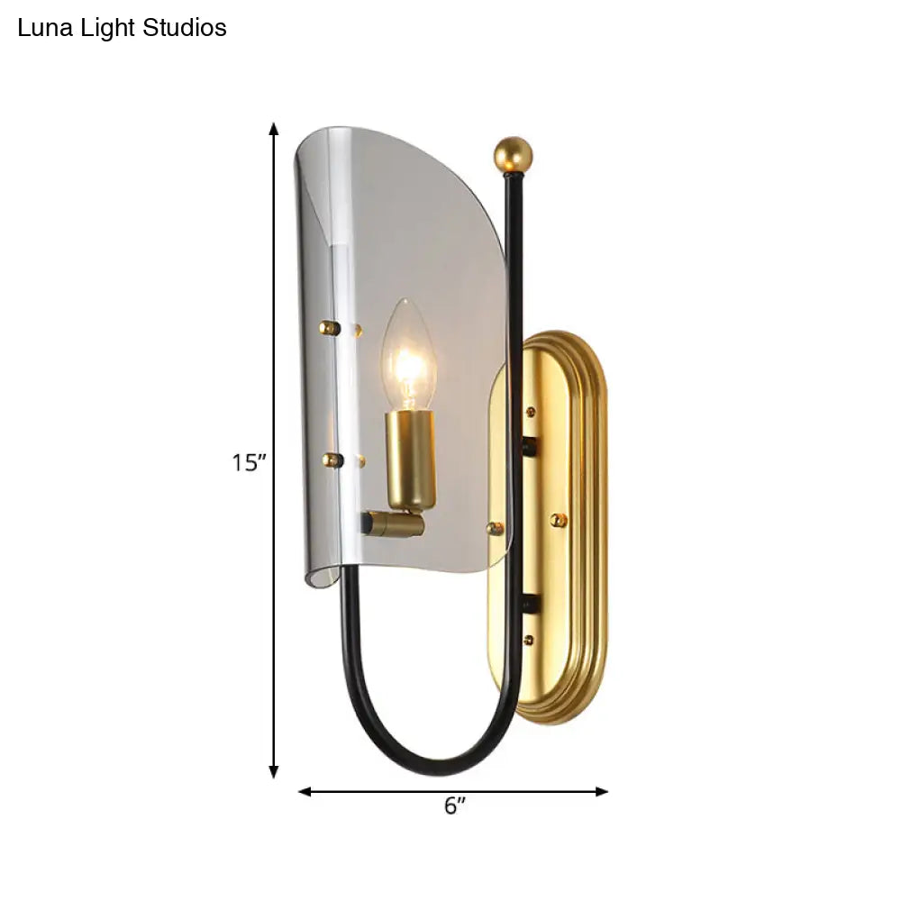 DecorBites™ Mid Century Black-Brass 1-Light Hall Wall Sconce Lamp with Smoke Grey Curving Glass Shade