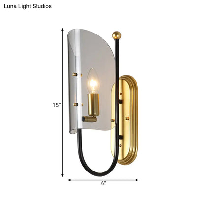 DecorBites™ Mid Century Black-Brass 1-Light Hall Wall Sconce Lamp with Smoke Grey Curving Glass Shade
