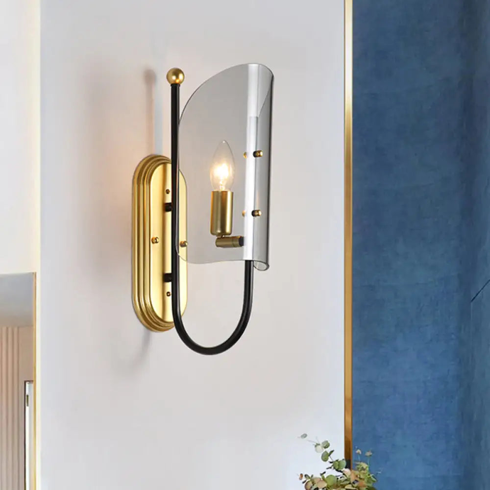 DecorBites™ Mid Century Black-Brass 1-Light Hall Wall Sconce Lamp with Smoke Grey Curving Glass Shade