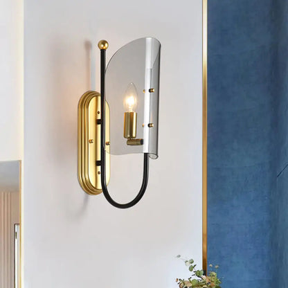 DecorBites™ Mid Century Black-Brass 1-Light Hall Wall Sconce Lamp with Smoke Grey Curving Glass Shade
