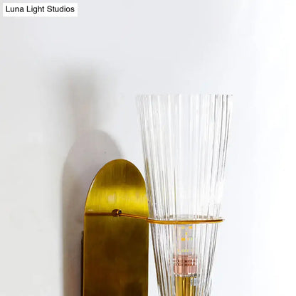 Mid century brass wall lamp – bedroom clear ribbed glass single light