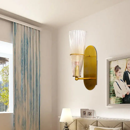Mid century brass wall lamp – bedroom clear ribbed glass single light