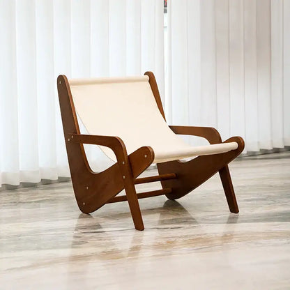Mid-century brown and cream canvas recliner living room chair