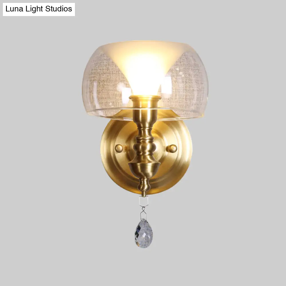 DecorBites™ Mid Century Glass Wall Sconce with Brass Base and Crystal Droplet - Perfect for Small Spaces