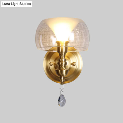 DecorBites™ Mid Century Glass Wall Sconce with Brass Base and Crystal Droplet - Perfect for Small Spaces