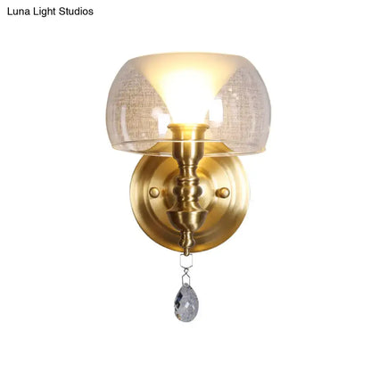 Mid century gold glass wall sconce with crystal droplet for bedroom