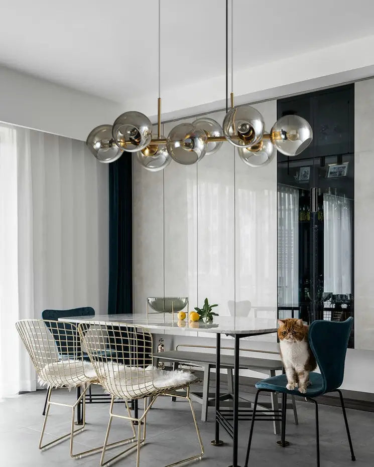 Mid-century gold metal smoked glass chandelier – dining room led light