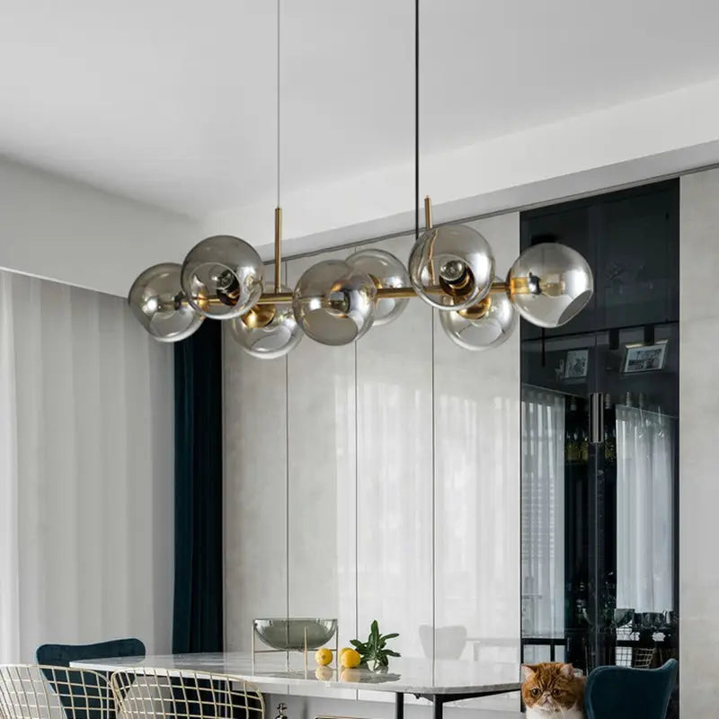 Mid-century gold metal smoked glass chandelier – dining room led light