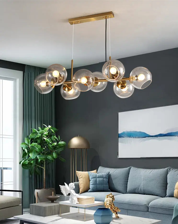 Mid-century gold metal smoked glass chandelier – dining room led light