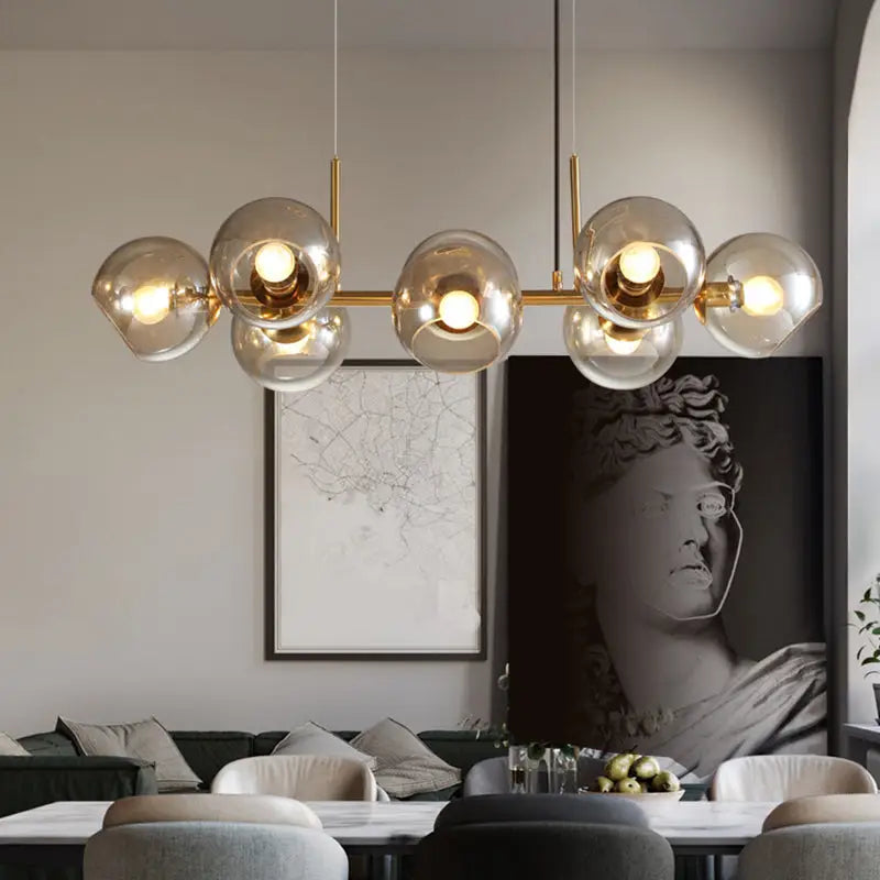 Mid-century gold metal smoked glass chandelier – dining room led light