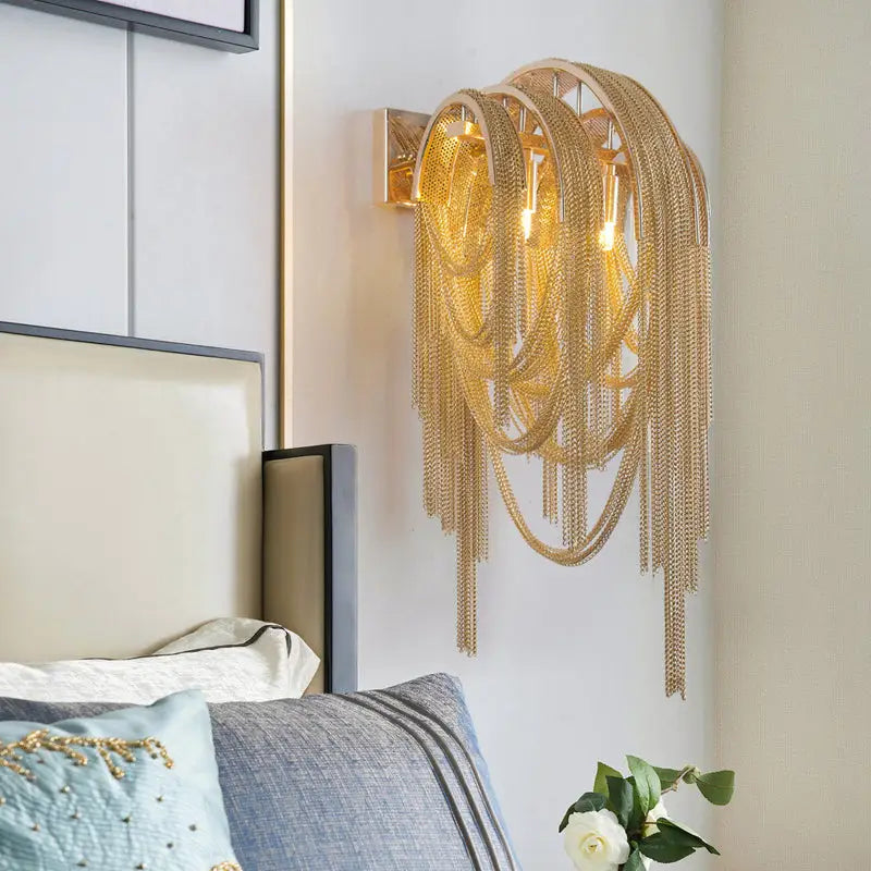 Mid century gold & silver stacked tassel wall lamp bedroom sconce