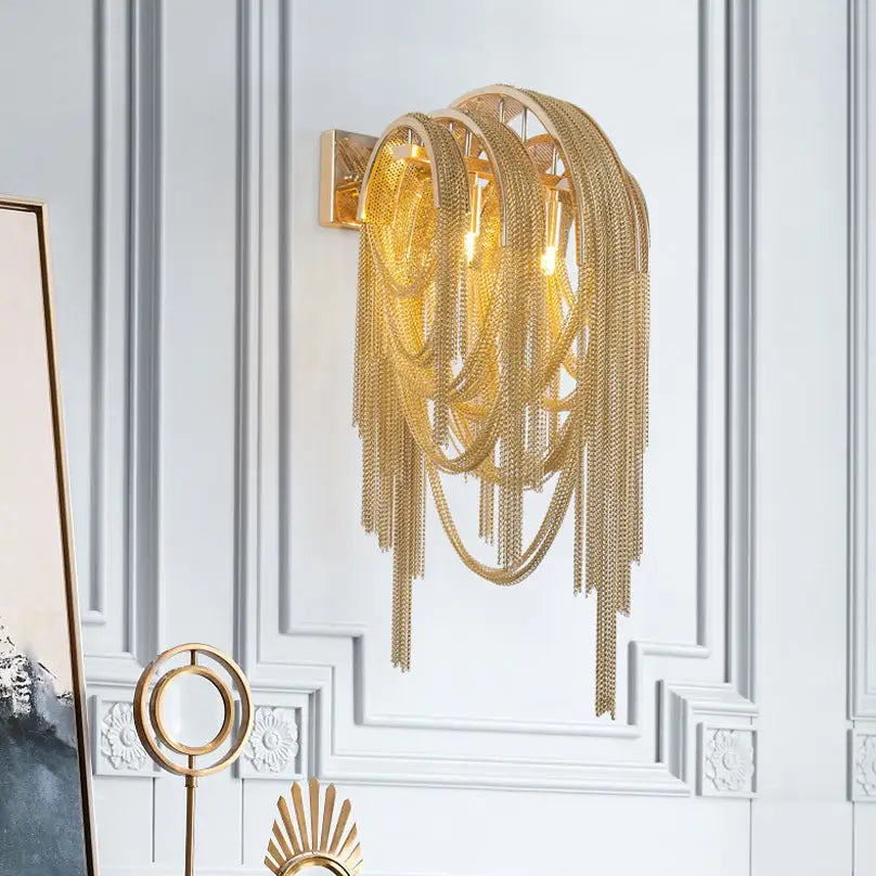 Mid century gold & silver stacked tassel wall lamp bedroom sconce