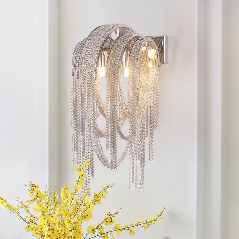 Mid century gold & silver stacked tassel wall lamp bedroom sconce
