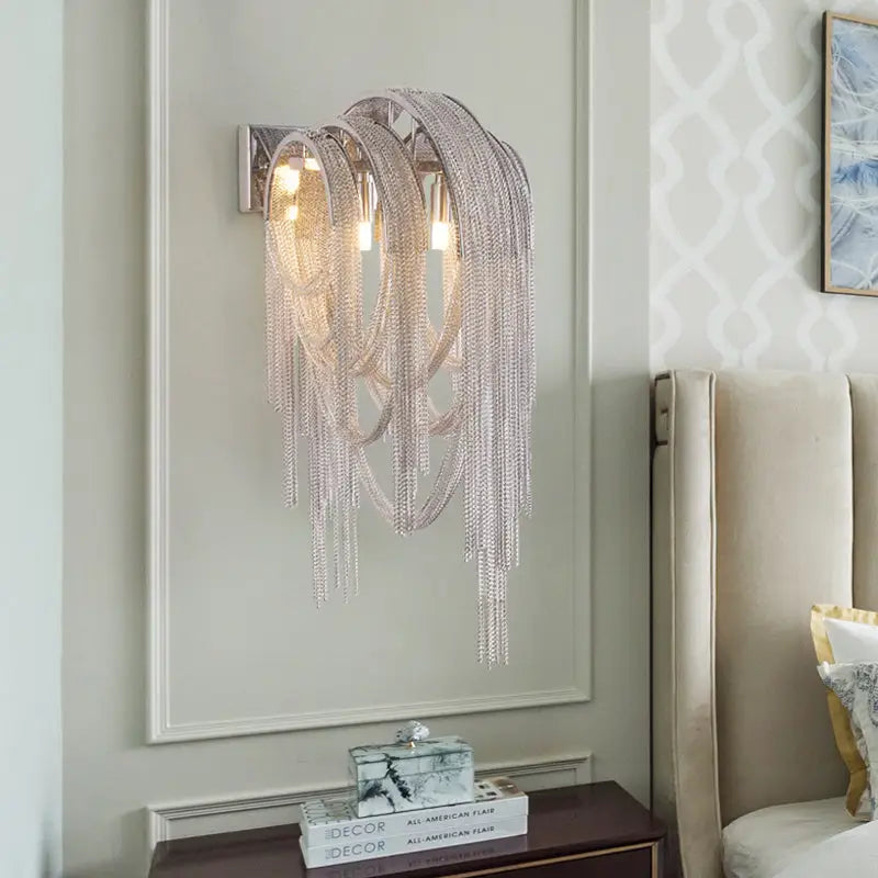 Mid century gold & silver stacked tassel wall lamp bedroom sconce
