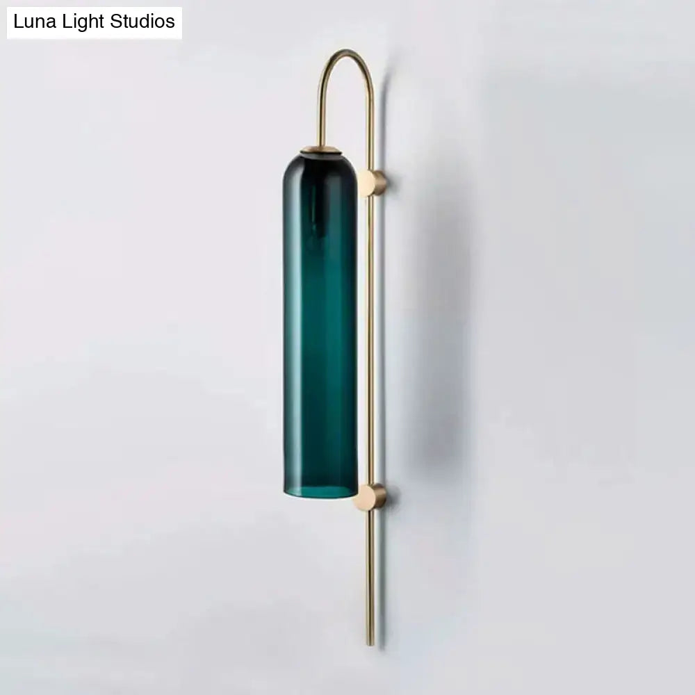 Mid century gooseneck wall light brass & teal glass bedroom sconce