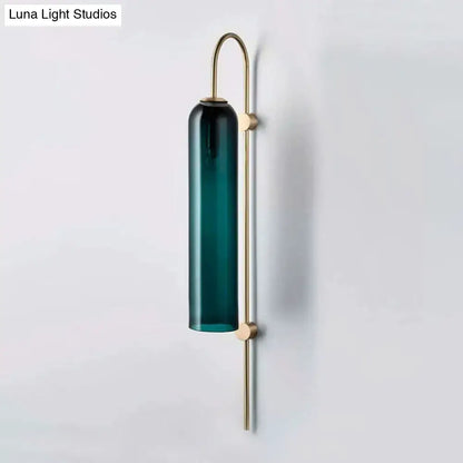 Mid century gooseneck wall light brass & teal glass bedroom sconce